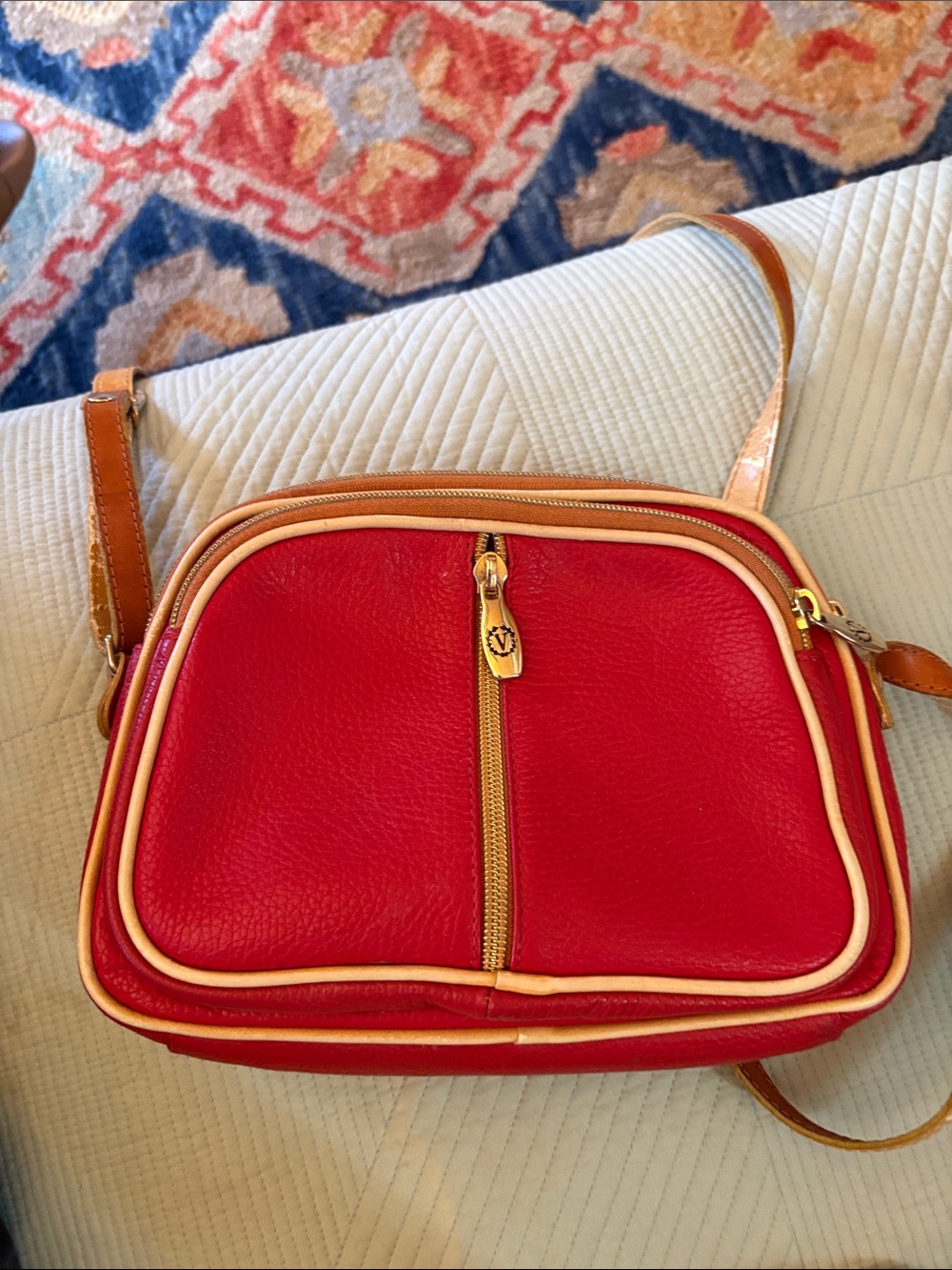 Vintage Valentino Red Leather Crossbody with Tan Trim and Gold Hardware